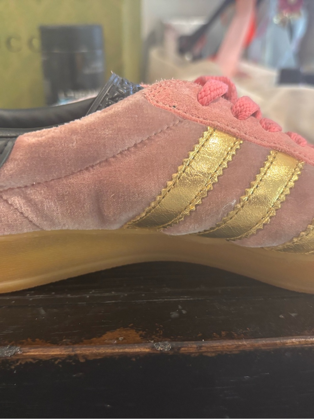 adidas gucci Pink Suede Sneakers with Gold Stripes ! so cute only worn once. - Picture 9 of 11